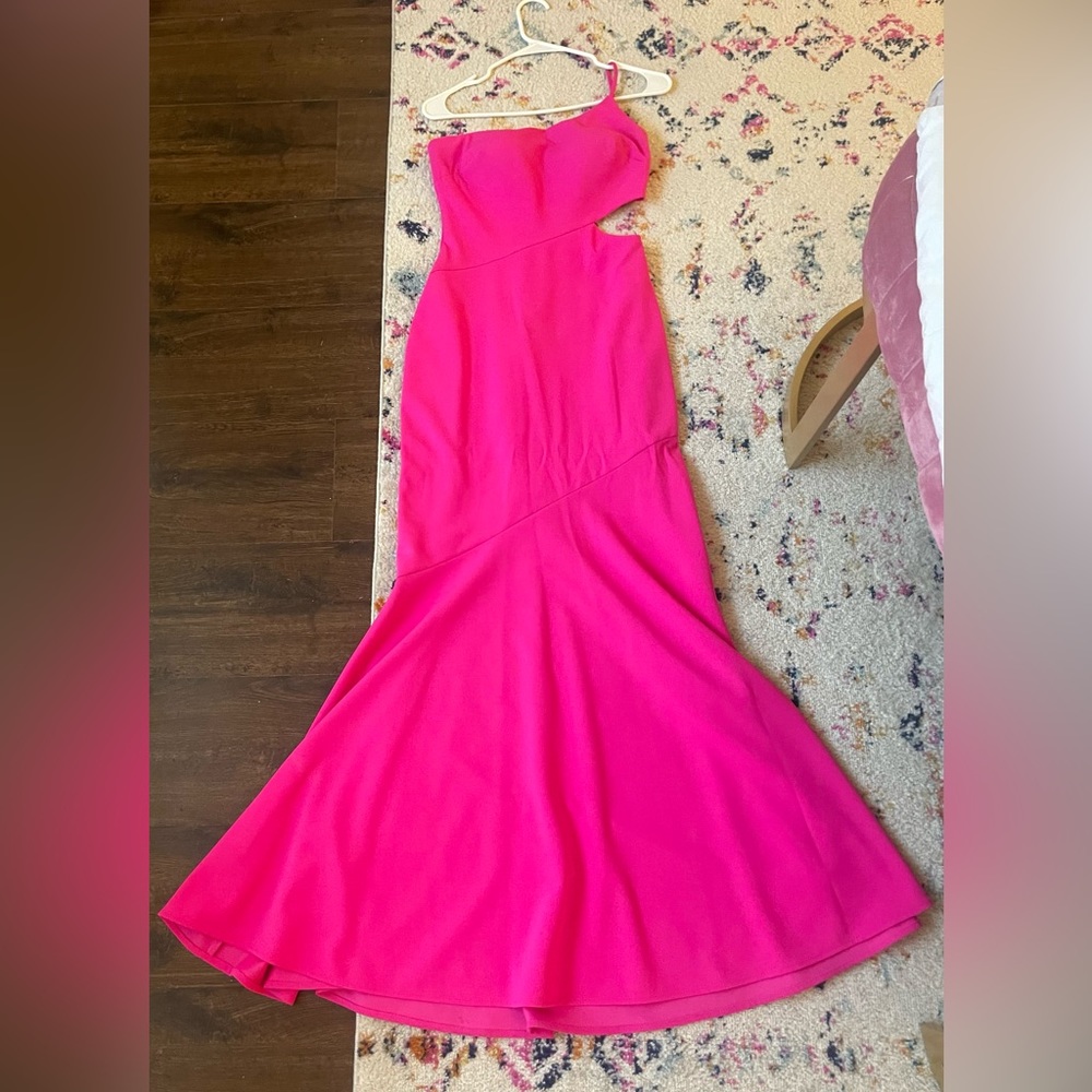one shoulder barbie pink prom dress with cut out on the side